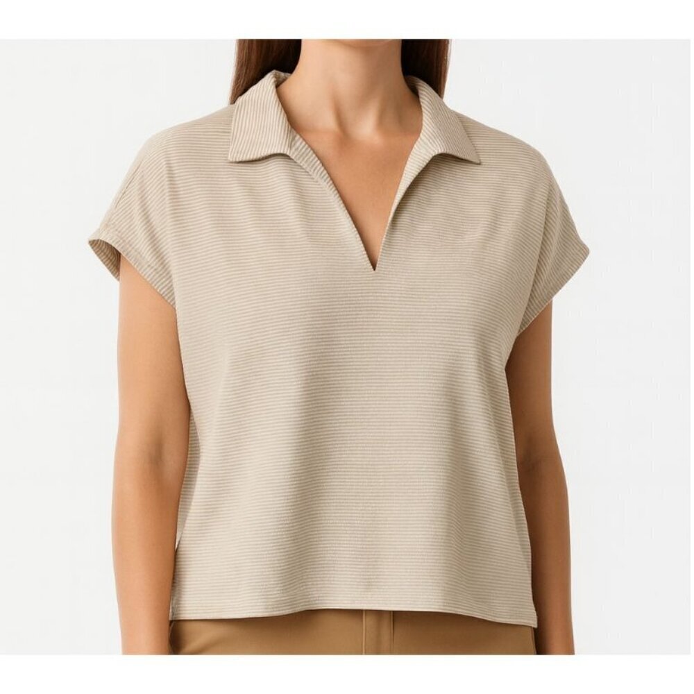 Martha Stewart Collection Womens Size Medium Collared Knit Top Tan White Stripe Martha Stewart Collection Womens Size Medium Collared Knit Top Tan White Stripe